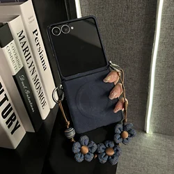 Retro Navy Blue Woven Pattern Magnetic Phone Case with Flower Rope - Hard Cover - Samsung Z Flip 8 (A)