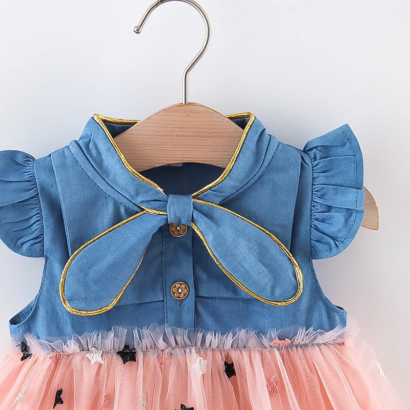 Summer Girls Dress Small Flying Sleeve Bow Cowboy Work Pompous Past Polka Dot Color Sweet Princess (Girls 0-3 Years Old) girls dress,baby girl dress