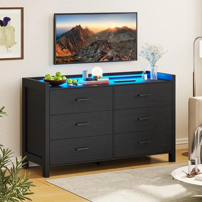 

Dresser for Bedroom, 6 Drawer Double Dresser with LED Lights, Wood Chest of Drawers, Modern Storage Dresser for Bedroom