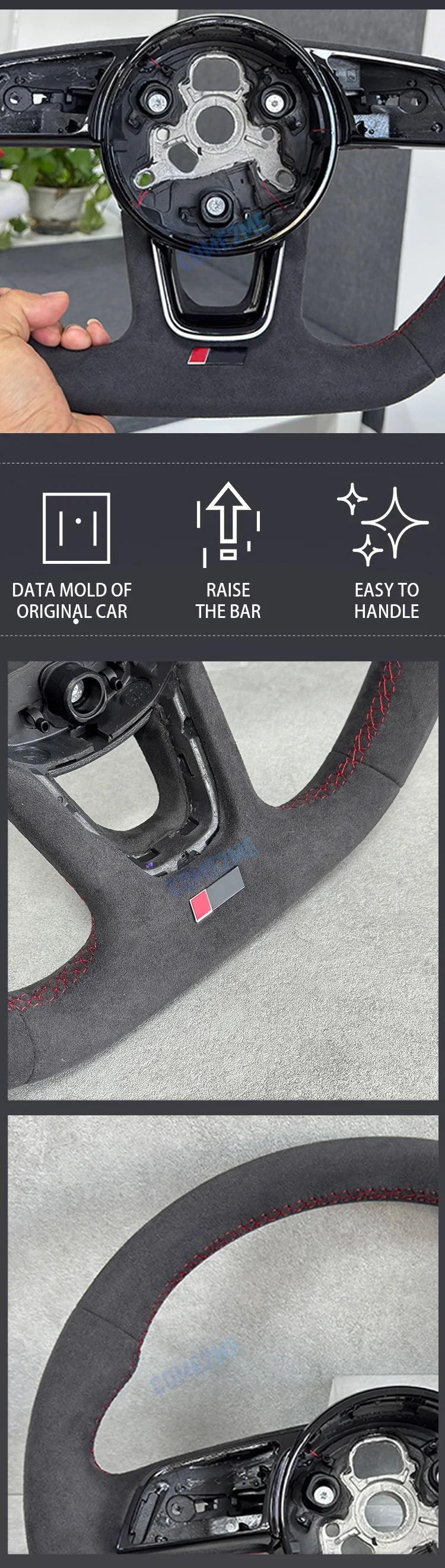 All black style red stitching Alcantara steering wheel for Audi A4 B9 A3 8Y RS3