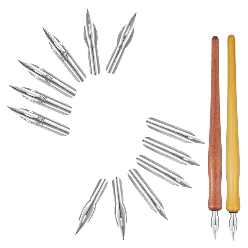 14 Pcs Dip Pen Nibs 홀더, 그림 서명 선물을 쓰기위한 스테인레스 스틸 펜촉이있는 나무 드로잉 펜 홀더