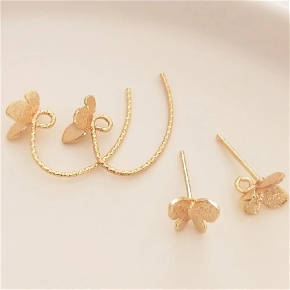 925 Silver Needle 14K Gold Wrapped Sand Sparkling Butterfly Earrings Flower Ear Hooks Hanging Handmade DIY Ear Jewelry Materials