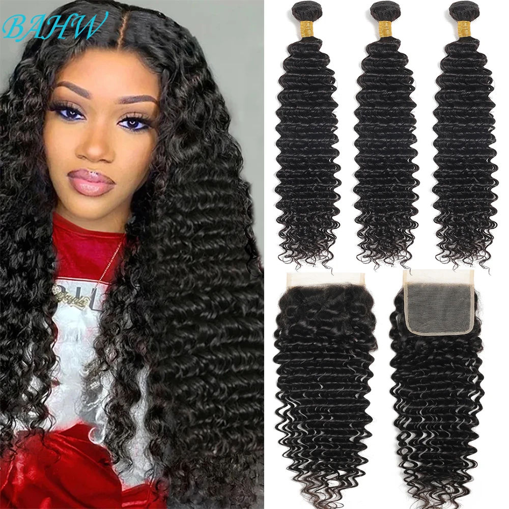 12ADeep Wave Bundles With Closure Indian Human Hair Weave 3 Bundles With 4x4 Closure Swiss HD Transparent Lace