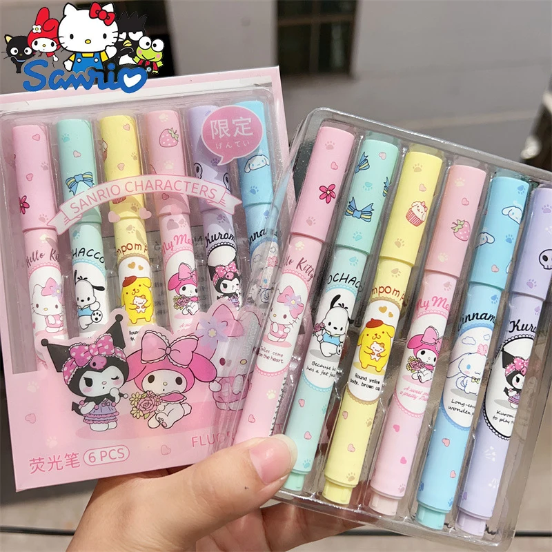 

6 шт. Милая флуоресцентная ручка Sanrio, Красивая красочная ручка, многофункциональная ручка Kuromi A Girl's Heart, Детские канцелярские принадлежности, подарок