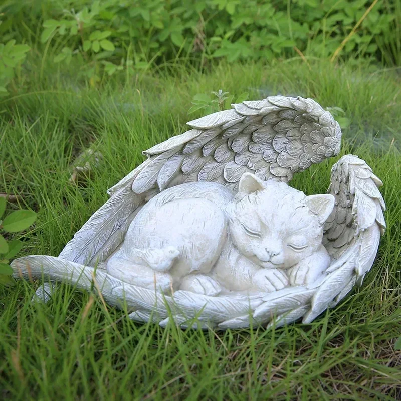 Pet Memorial Stone – Sleeping Cat With Angel Wings Statue For Garden Or Home Remembrance