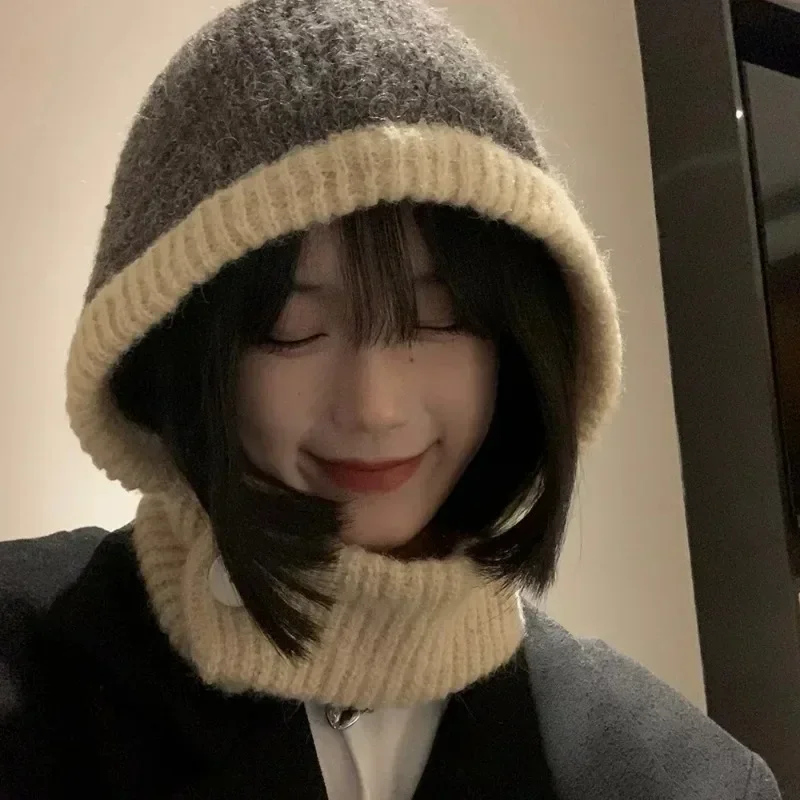 Japanese Retro Women's Balaclava Hat with Scarf Winter Warm Knit Cap Neck Cold Proof Fashion Color Matched Female Headwear 3