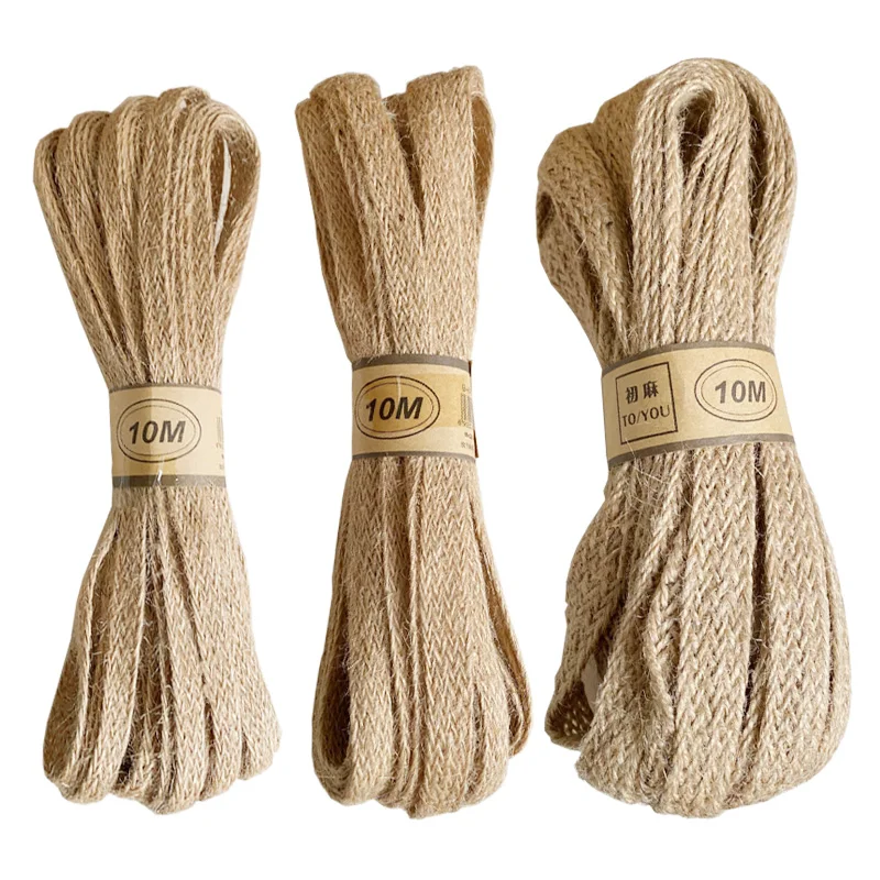 10M Hemp Cords Braided Flat Burlap Ribbon 8mm 12mm 18mm Nature Jute Rope Twine Webbing DIY Wedding Decoration Ribbons Crafts