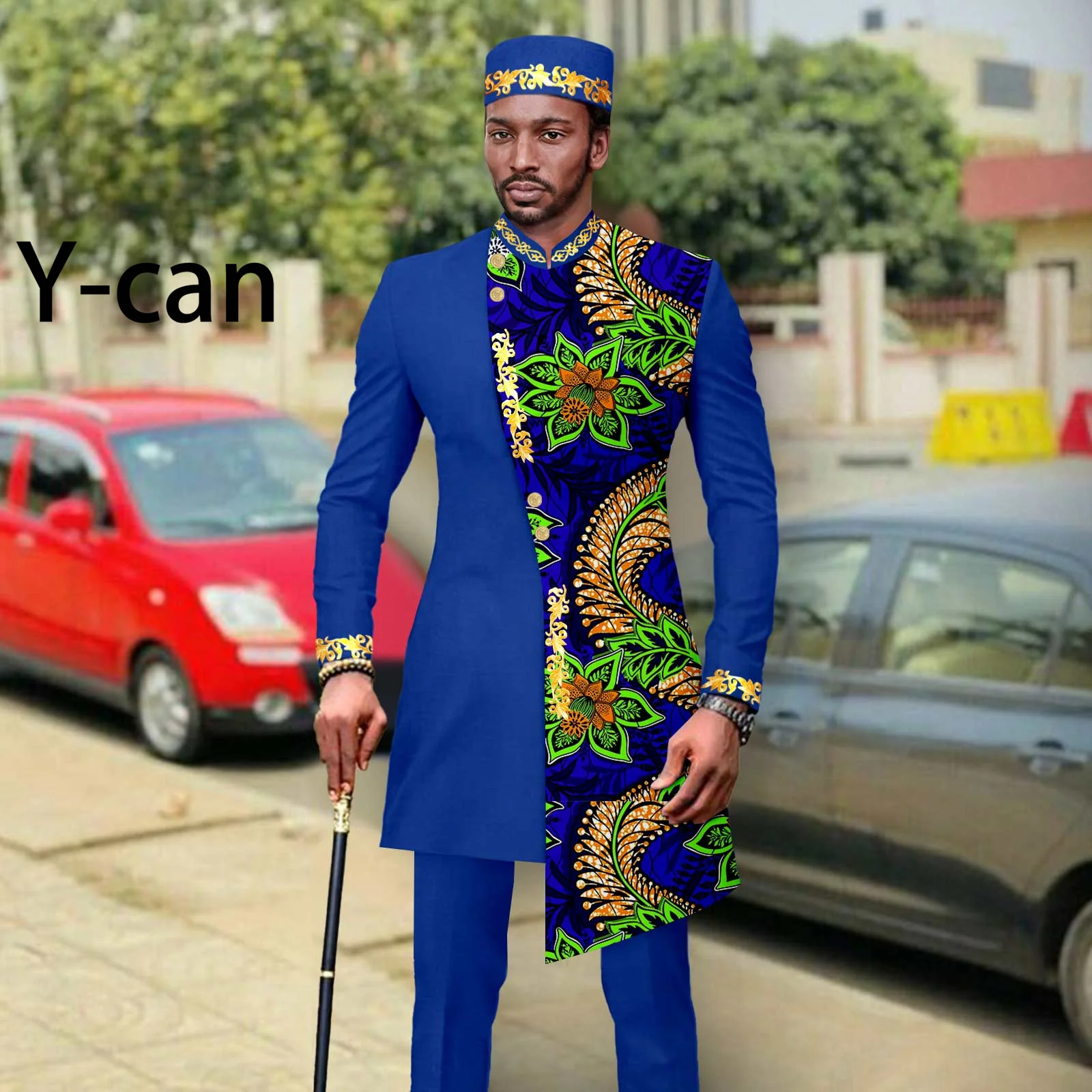 

African Clothes for Men Slim Fit Suit for Wedding Patchwork Embroidery Jacket and Trousers Match Cap Bazin Riche Attire A2316054
