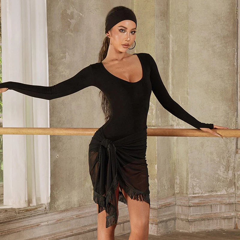 ZYM Latin Dance Dress Women Long Sleeves Leotards Black Tops Leopard Skirt  Rumba Cha Cha Tango Performance Dance Wear DNV21791 - AliExpress 200000532