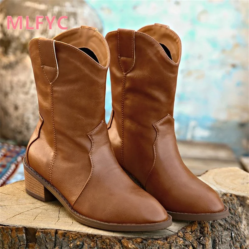 Vintage Western Cowboy Boots Women's Winter New Slim Pointed Mid Sleeve Boots Thick Heel Knight Short Boots