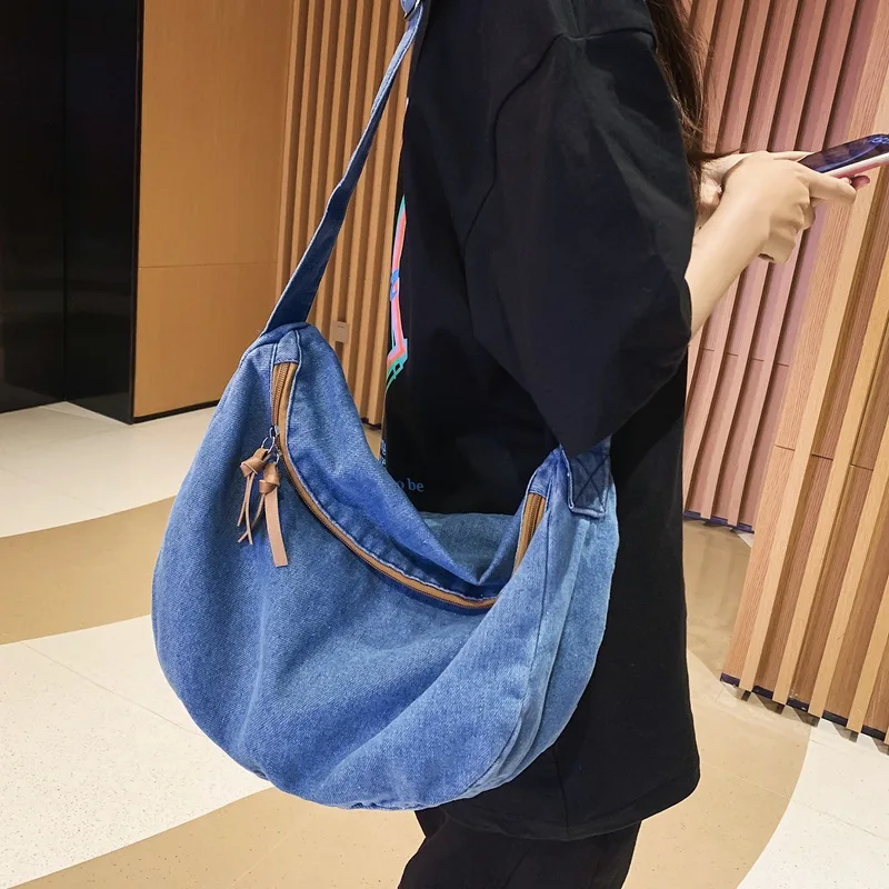

2023 Japanese Casual Style ladies bag Large Denim crossbody bags for women High quality Travel Cross bag Students Big Saddle bag