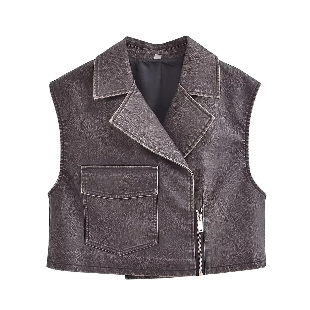 

TRAF Fashion Faux Leather Cropped Vest For Women Y2K Streetwear Sleeveless Lapel Collar Women's Vests Zipper Front Wrap Tank Top