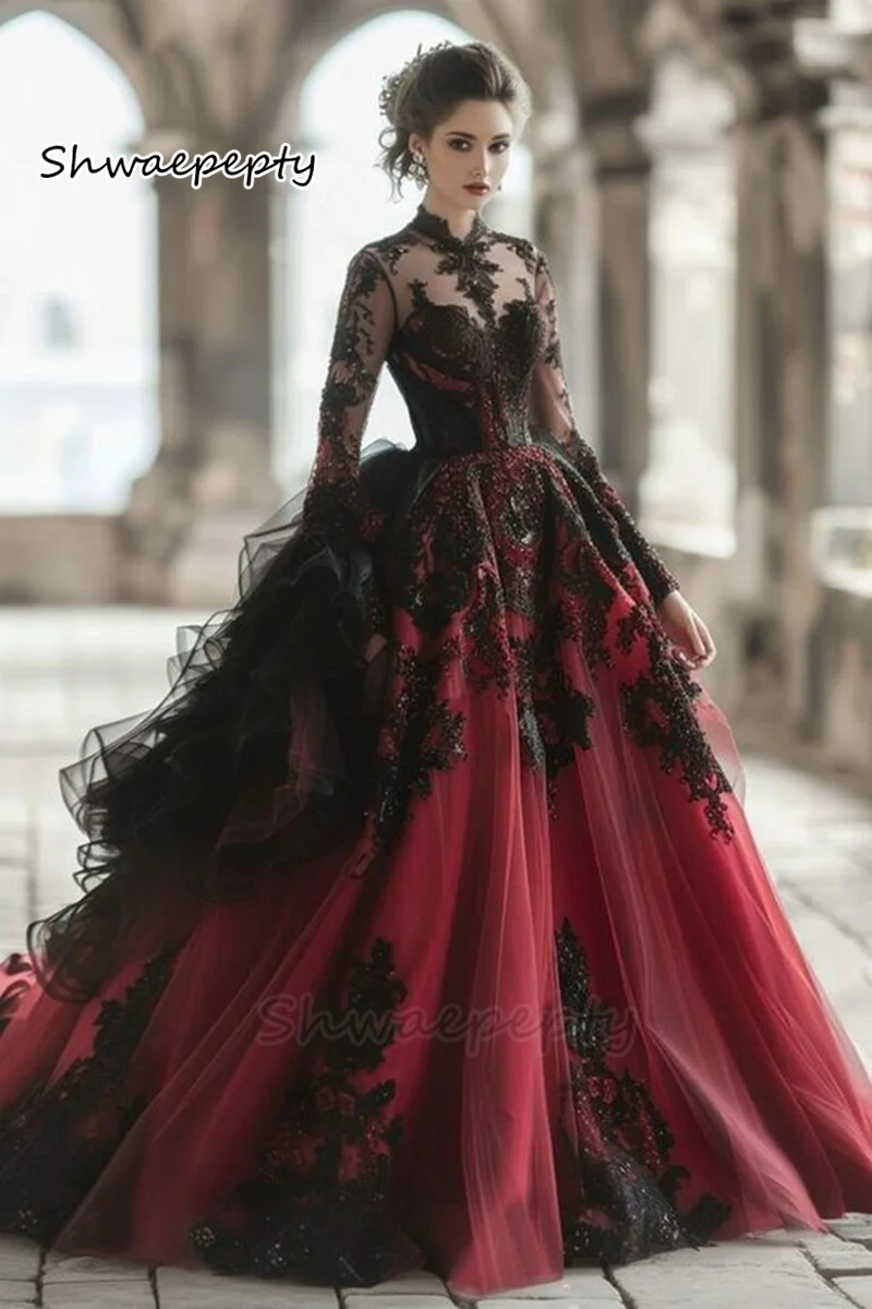 Gothic Black With Burgundy Wedding Dreses Ruffles Flare Long Sleeves Jewel Neck Princess Bridal Gowns Court Train Customized 2