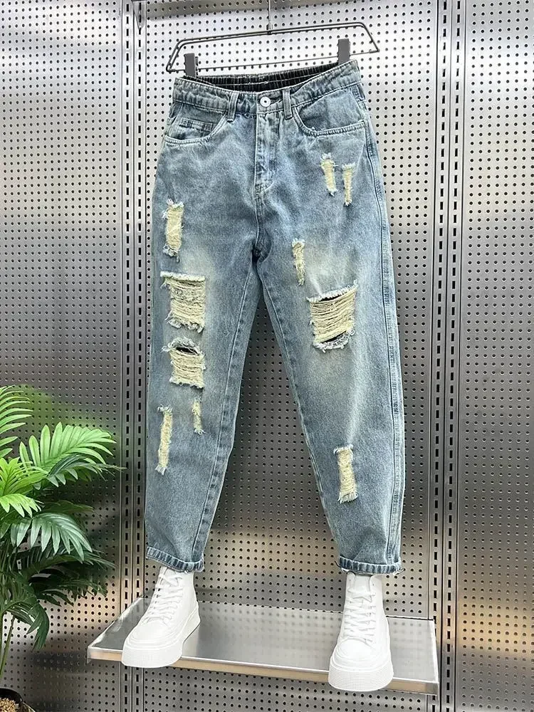 Men's Ripped Jeans Torn Broken Harem Cowboy Pants Spring Autumn Casual