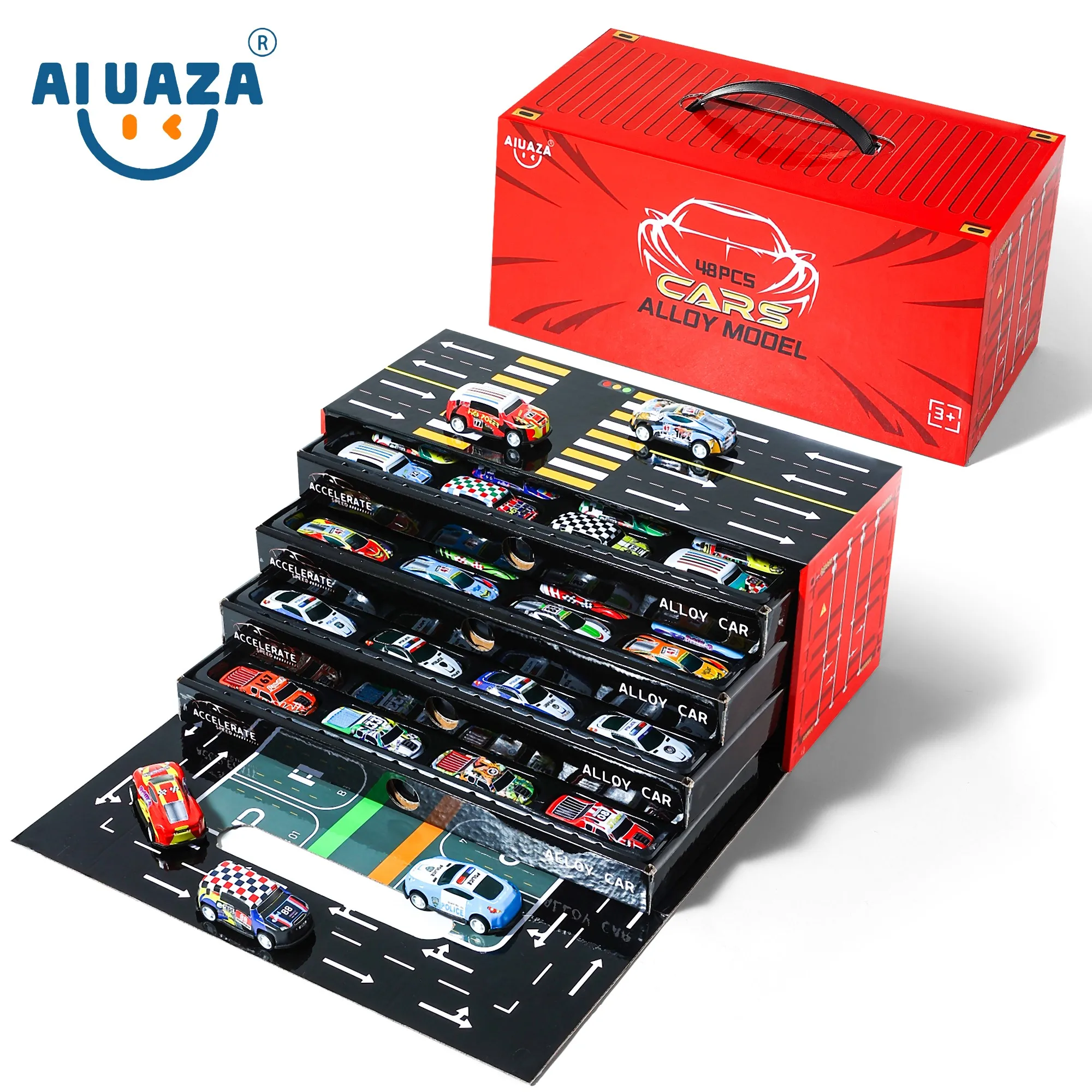 AIUAZA Toy Cars for Youngsters 48 Pull Back Race Cars Toys Container Storage Box Die Cast Metal Toy Set Race Car Party For Toy Cars