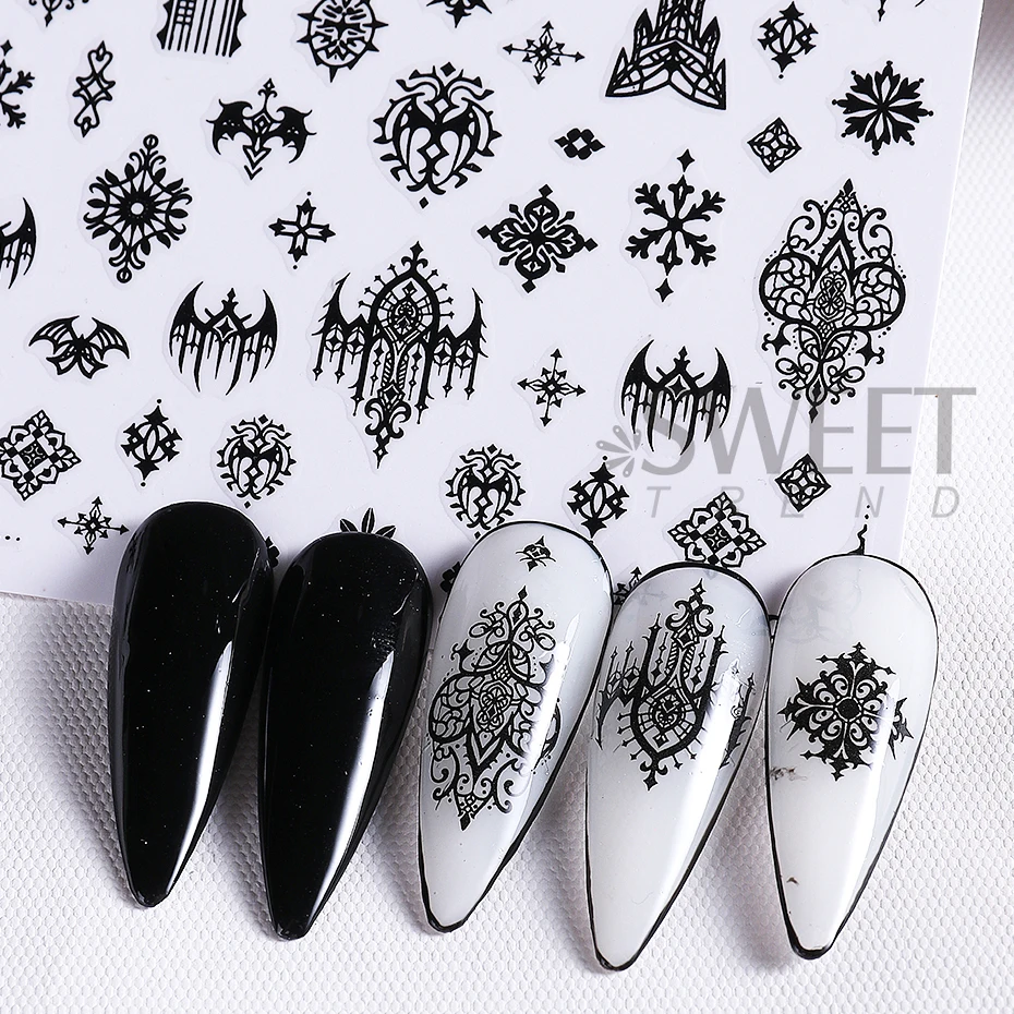 5pcs Gothic Black Nail Stickers Elegant Wedding Laced Designs Halloween Castle Skull Wings Adhesive Foils Sliders Manicure Decor