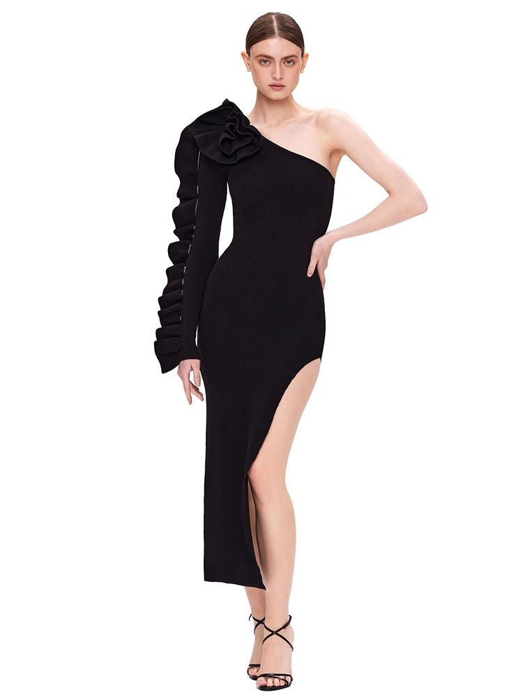 

BEVENCCEL Women's Asymmetric Sexy One Shoulder Long Sleeve Ruffled High Split Midi Bandage Dress Elegant Celebrity Party Dress