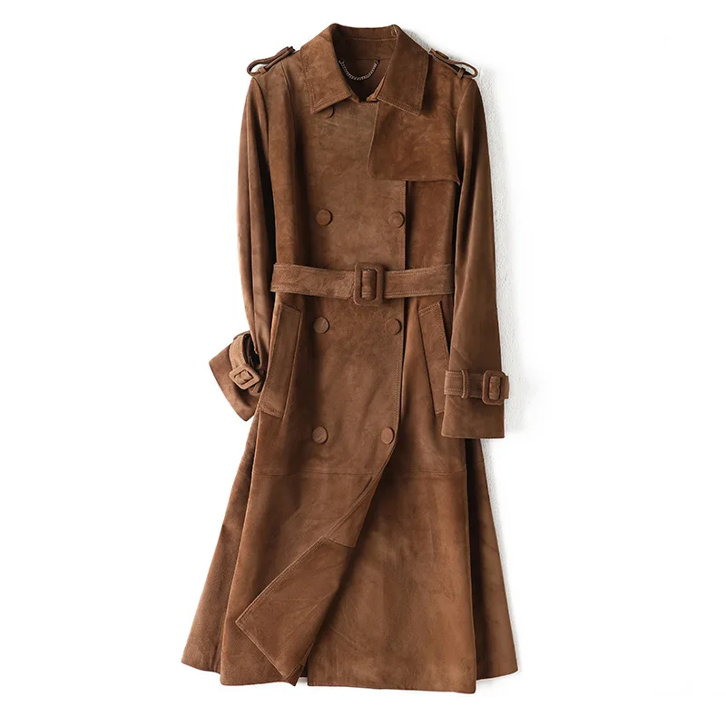 

2023 Women Long Classic Coat Cowhide Frosted Suede Top Layer Genuine Leather Trench E50