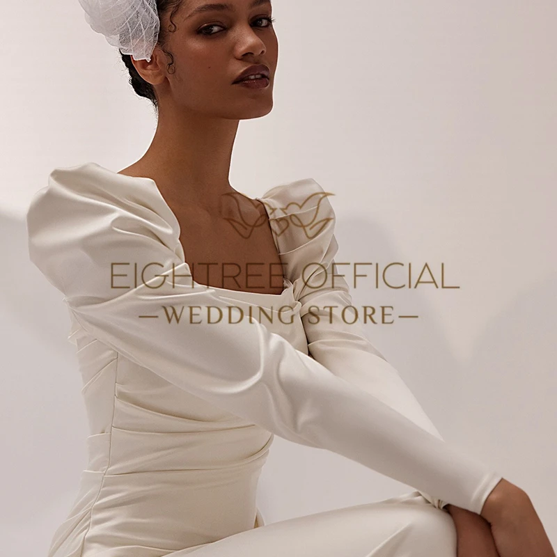 Eightree Women Mermaid Wedding Dresses Long Sleeves Square Collar Satin Wedding Gowns Boho Bridal Prom Dress bestidos de novia 4