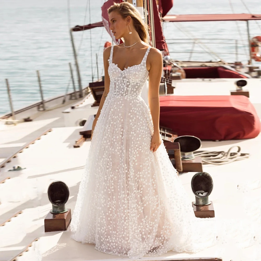 

Exquisite Lace Wedding Dress Boho Spaghetti Staps Sweetheart Illusion Sweep Train Open Back Vestidos De Novia Beach Bride Gown