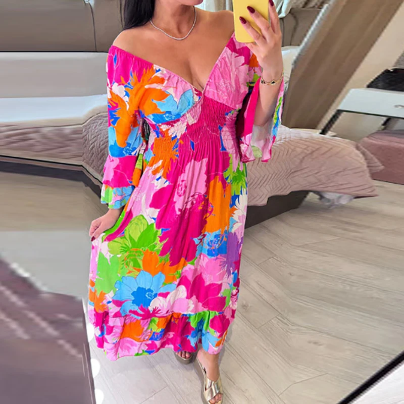 

Fashion Color Print Floral Dress Women V-neck Ruffled Half Sleeves Elastic Waist Ruched Long Dresses Casual Beach Holiday Dress