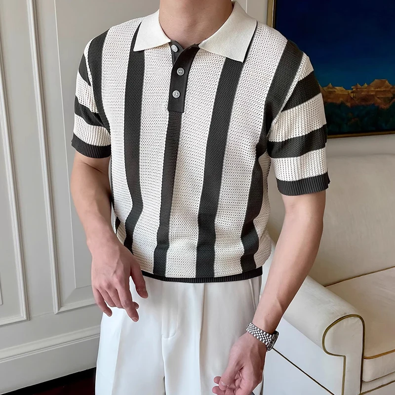 Contrast Color Striped Mens Polo Shirts Trendy Button Turn-down Collar Knit Tops Men Spring Summer Daily Casual Breathable Polos 7 S094951b52cf34595a42c5cdd12ed2299Z