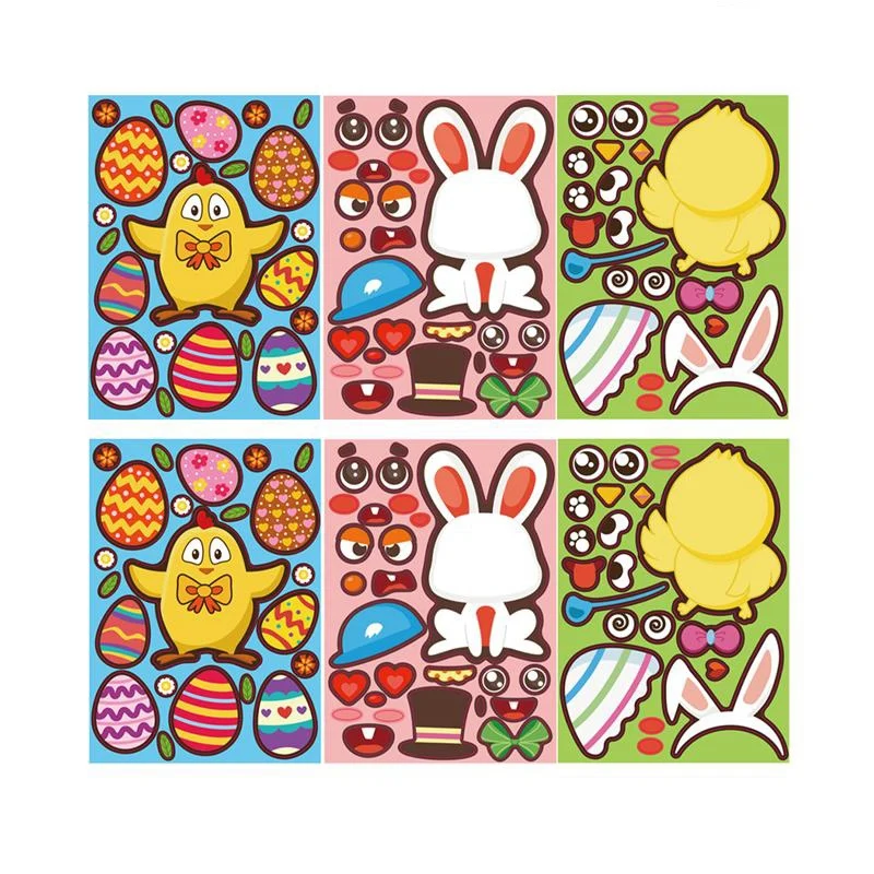 

2023 Hot-12 Sheets Easter Jigsaw Puzzle Stickers Cartoon Rabbit Chick Easter Egg Window Sticker Toy Easter Window Decals Lovely