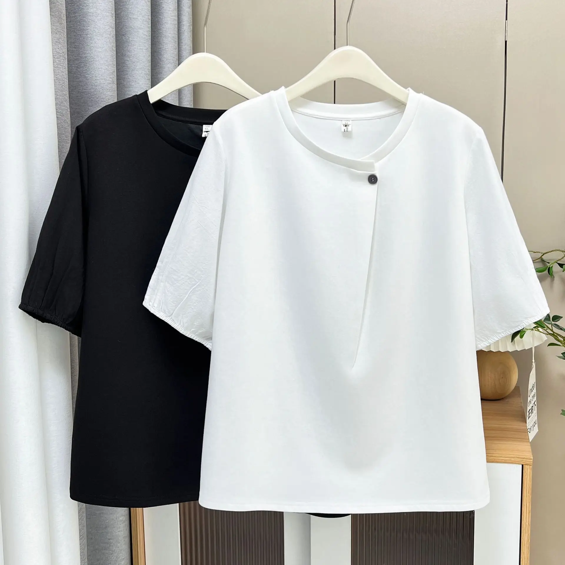 Plus Size Women's Top Summer New 100kg Design Neckline Decoration Half Sleeve T-shirt 2513