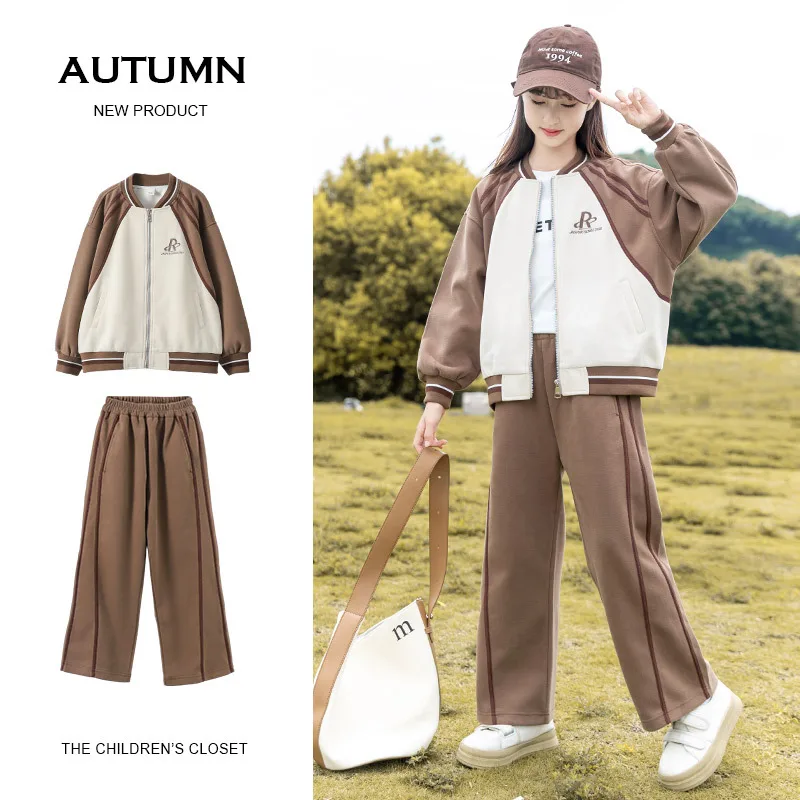 

Spring Autumn Children Girl Sports Suit 2pcs Teenager Girl Contrast Coat+Wide-leg Pants Child Jogger Outfit Workout Set 4-14Yrs