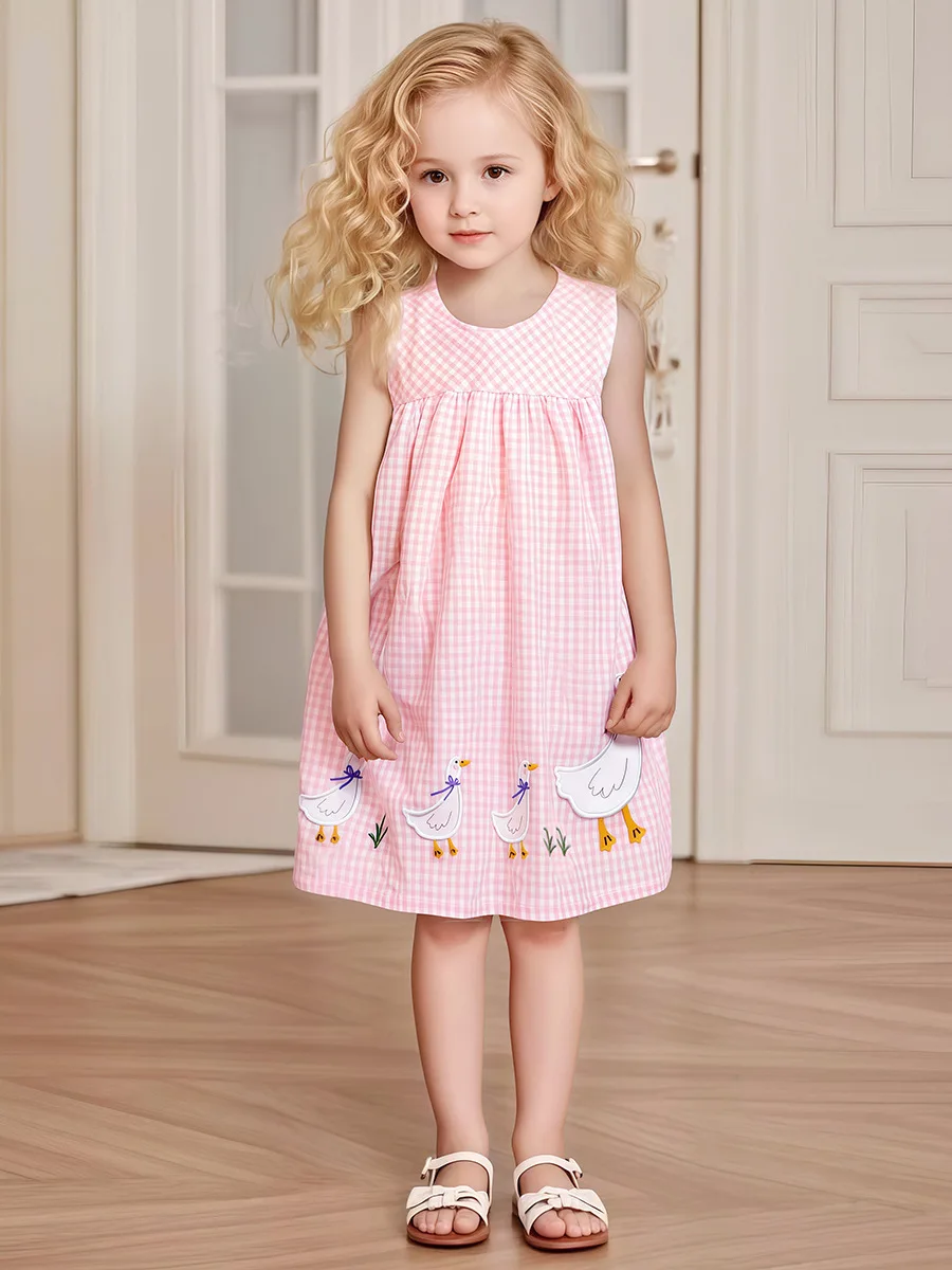 Pink/Blue Kids Clothes Summer Lattice Dress Baby Girls Clothes Cartoon Ducks Dresses Children's Clothing Vestidos Cotton