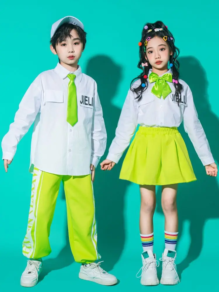 

Children Streetwear Hip Hop Girls Shirt Tie Solid Skirts School Uniform Boys Jazz Street Dance Pants Kids Costumes Clothes Sets