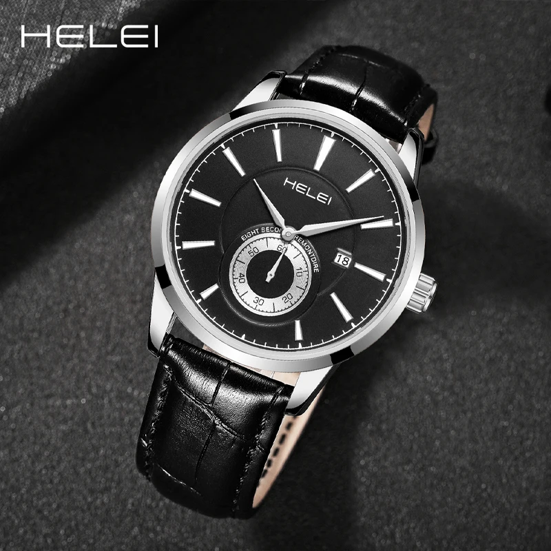 HELEI2024 Men's Luxury Quartz WatchLeather Quartz WatchMen's Self-Winding Calendar Display Bar Dial Business Pointer Watch