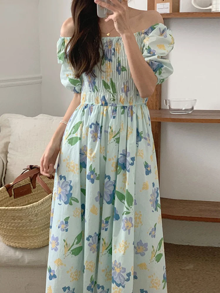 

Korean Chic 2022 Summer New Elegant Slash Neck Puff Sleeve Pleated Waist Printing A-line Female Party Dresses G642