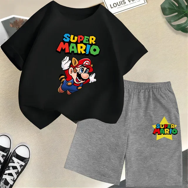 thumbnail image 1 of Conjunto de 2 piezas de camiseta y pantalones cortos de Mario de manga corta de verano para niños y niñas de 3 a 12 años, conjunto deportivo informal para niños, 1 of 5