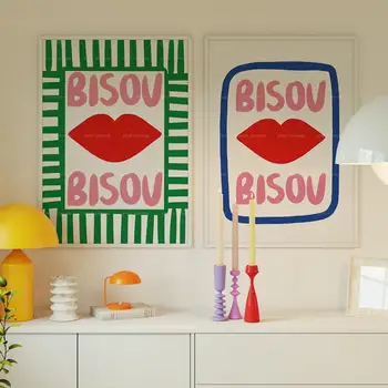맥시멀리스트 핑크 프랑스 인용문, Bisou Bonjour Bonne Nuit 벽 아트 캔버스 페인팅 포스터, 거실 홈 장식