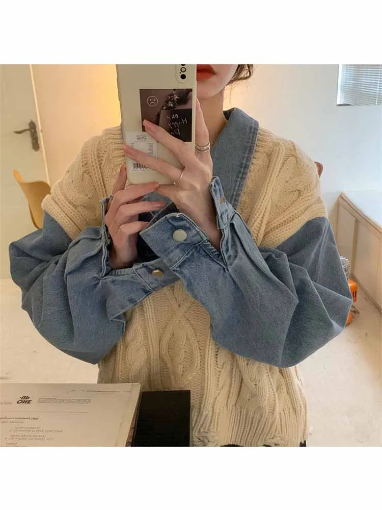 

2023 Spring Korean Casual Sweater For Women Lapel Long Sleeve Patchwork Denim Design Hit Color Knitted Pullovers Female