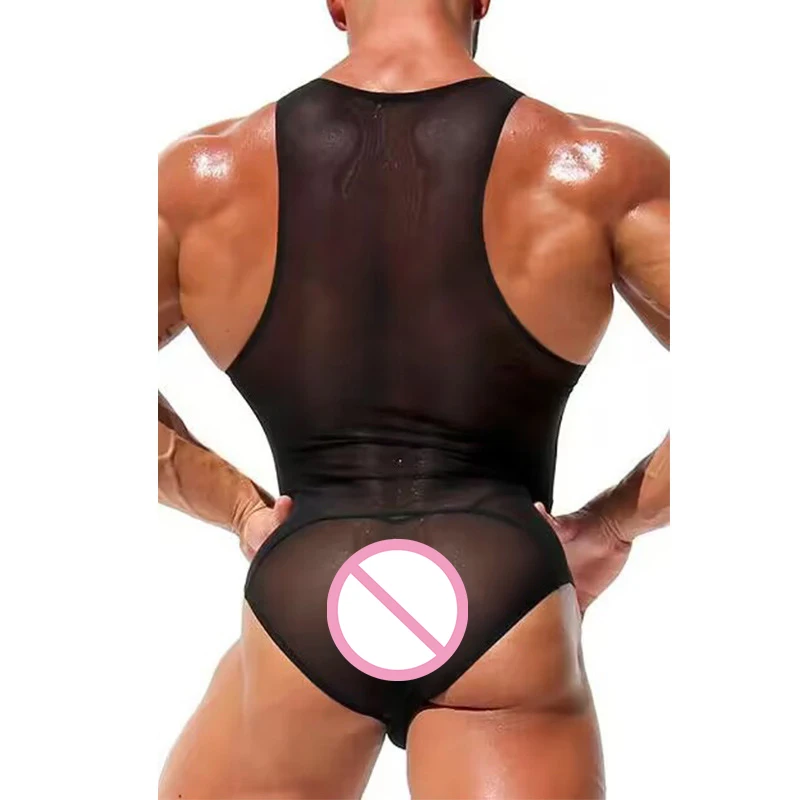 Mens Undershirts Leotard Lingerie Mesh See Through Sissy Sleeveless Bodysuit Wrestling Singlet Beachwear One-piece Gay Jumpsuits