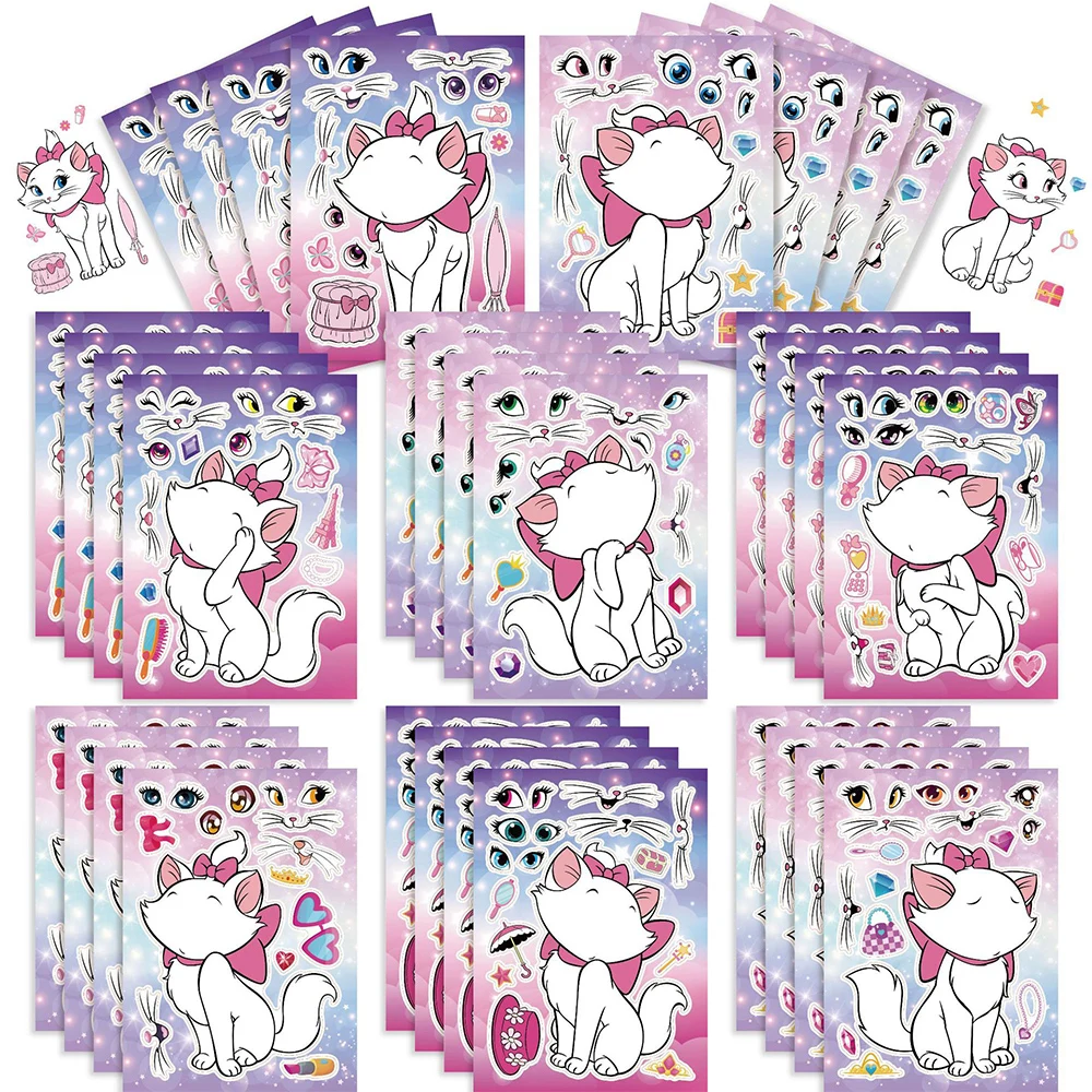 8/16sheets Make a Face Disney Marie Cat Stickers Kawaii Animal Cartoon Sticker Scrapbooking Guitar Luggage Laptop Decal Toy Gift