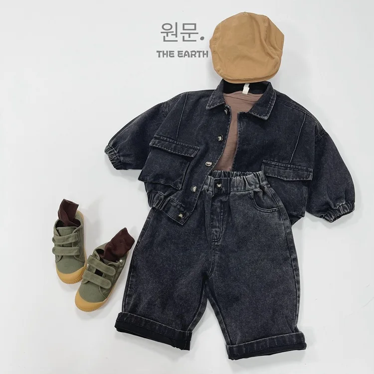 Childrens Boys Denim Jacket Autumn New Korean Solid Color Toddler Boys Cardigan Jacket Retro Pocket Kids Baby