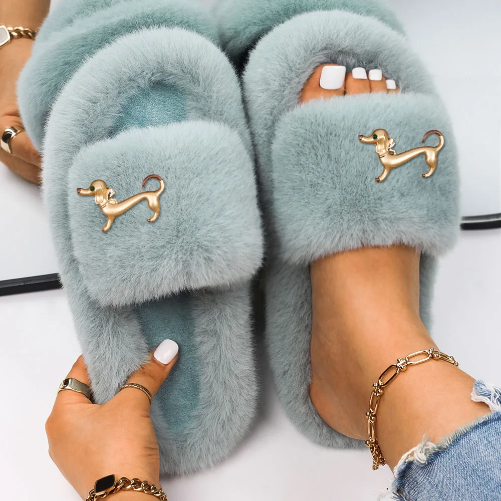 Women's Slippers Shoes Faux Fur Slides Cute Dachshund Decor Flat Sandals Designer Flip Flops Female Winter Plush Slippers 2022