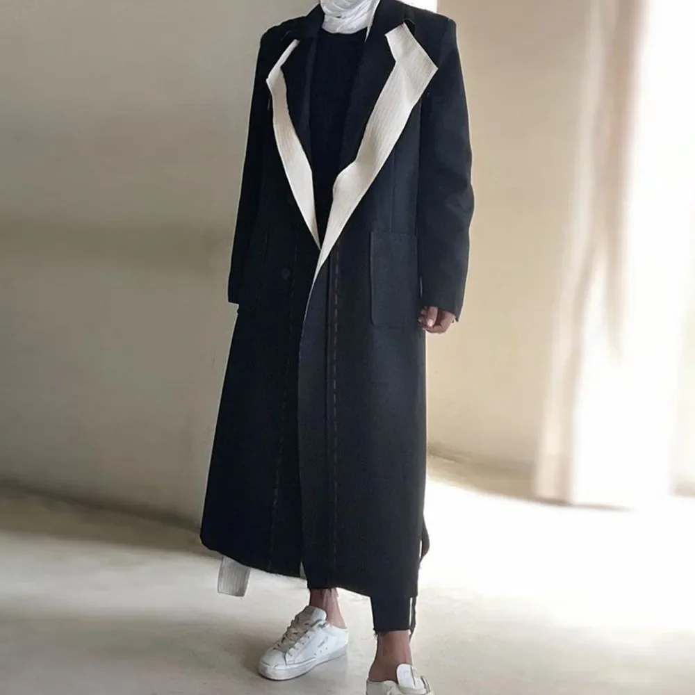 

VANOVICH Contrast Color Patchwork Design Long Trench Autumn 2023 New Korean Style Loose Temperament Turn-down Collar Casual Coat