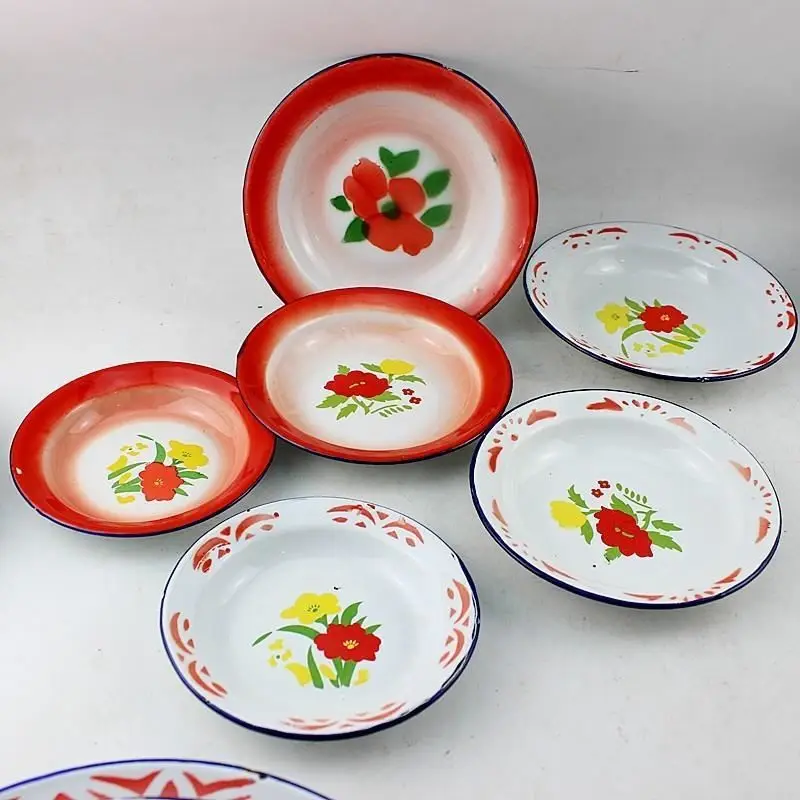 Household Food Dish Of Enamel flower type deep red flower plate cauliflower imitation retro nostalgia