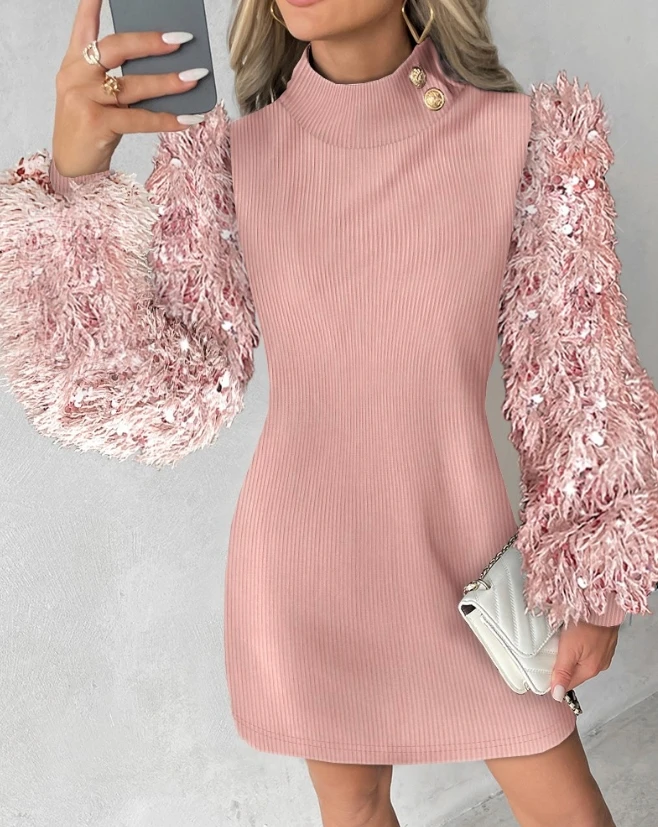 

Elegant Party Dresses for Women 2023 Winter New Fashion Simple Versatile Round Neck Fuzzy Contrast Sequin Patchwork Casual Dress