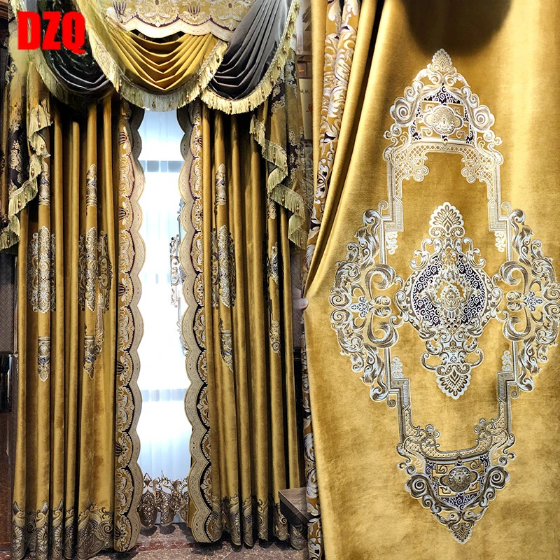 

European Embroidery Lace Stitching Luxury Curtains for Living Room Blackout Bedroom Finished Custom Decoration Tulle Valance