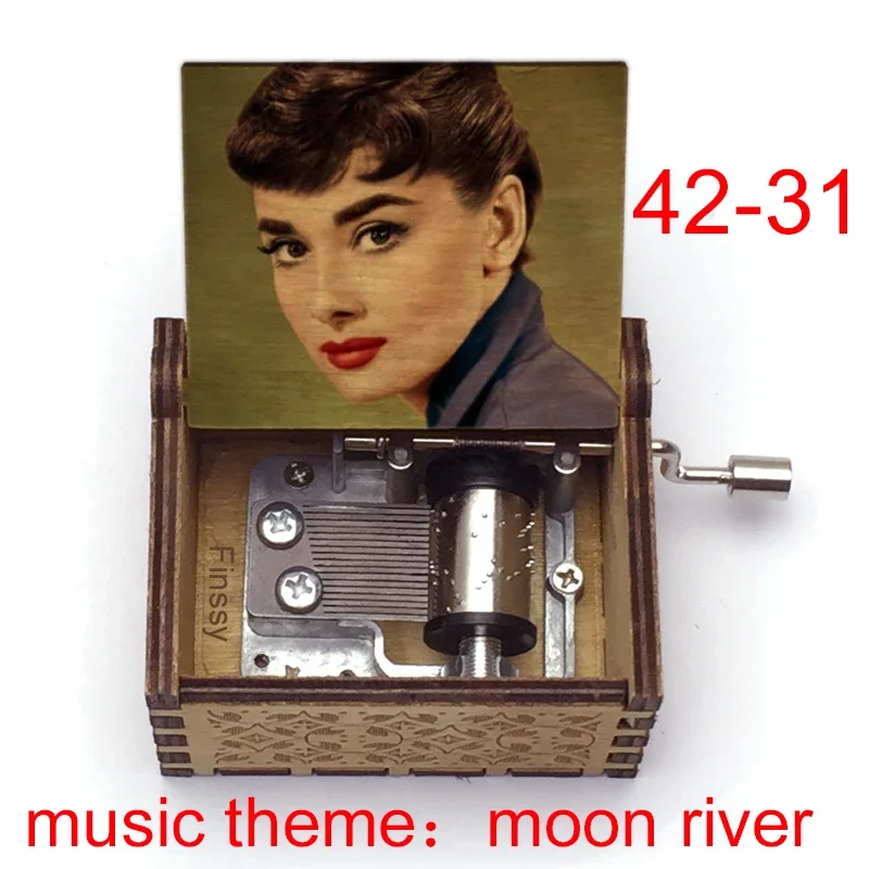 Audrey Hepburn Song Moon River music theme Wooden Music Box Hand Movie Fans Christmas Birthday Gift Craft 3