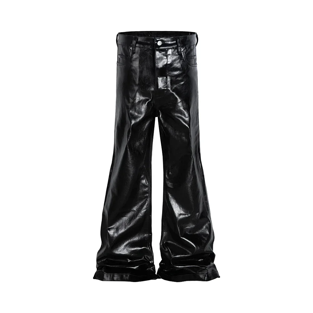 High Street Wide Leg Glossy Pu Leather Pants Sashes Boot Cut Men and Wome Straight Baggy Casual Jeans Oversized Flared Trousers
