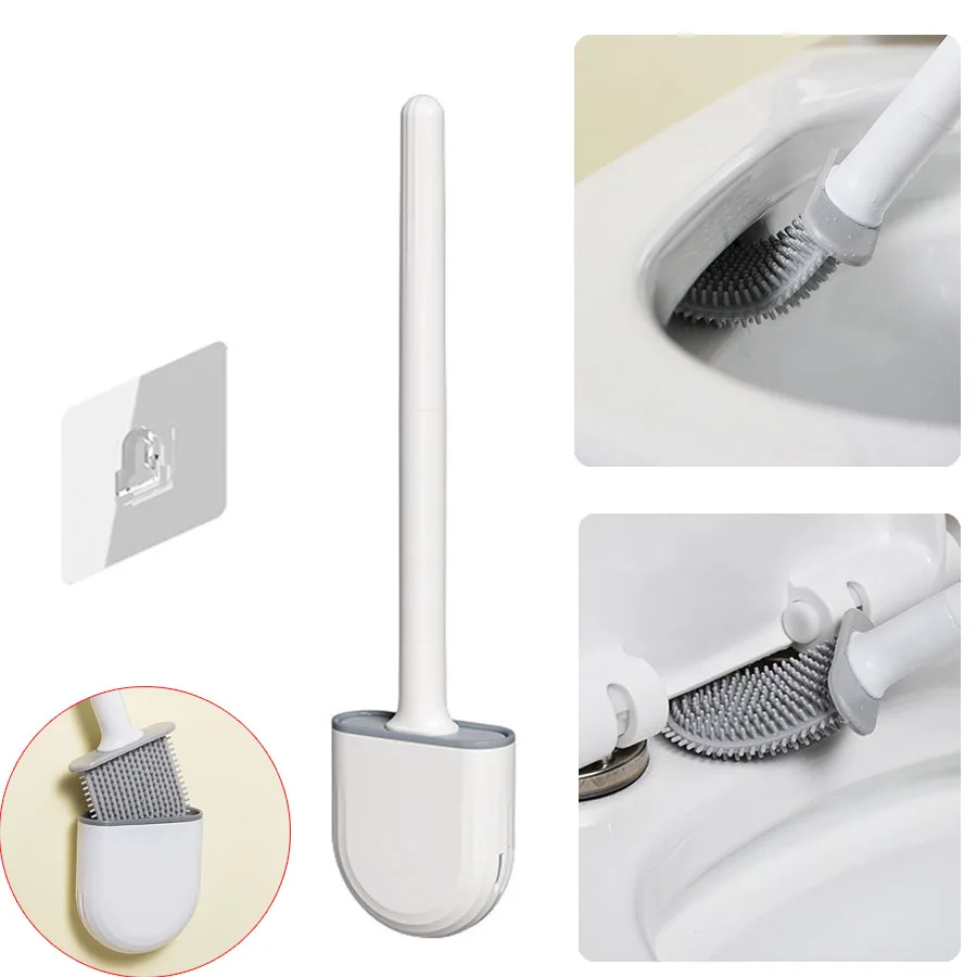 Leak-Proof Base Toilet Brush Silicone Brush Head Convenient Sanitary Head Storage Cover Toilet Cleaning Wall-Mounted