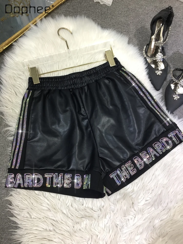 hot-drilling-shorts-women's-2023-autumn-and-winter-new-fashion-all-match-elastic-waist-short-pants-black-leather-shorts-female