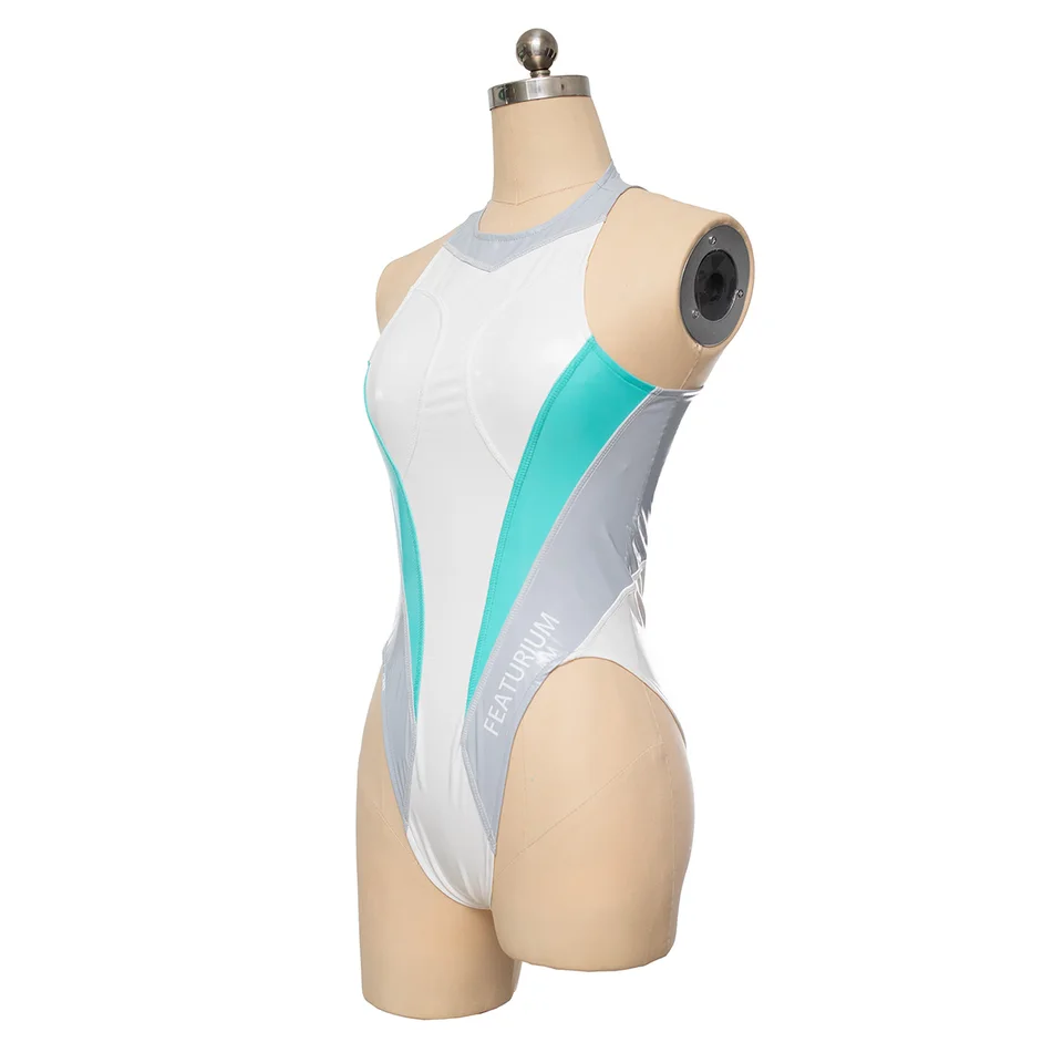 女性用サイバー水着,対照的なステッチ,ハイクロス,ぴったりとした革