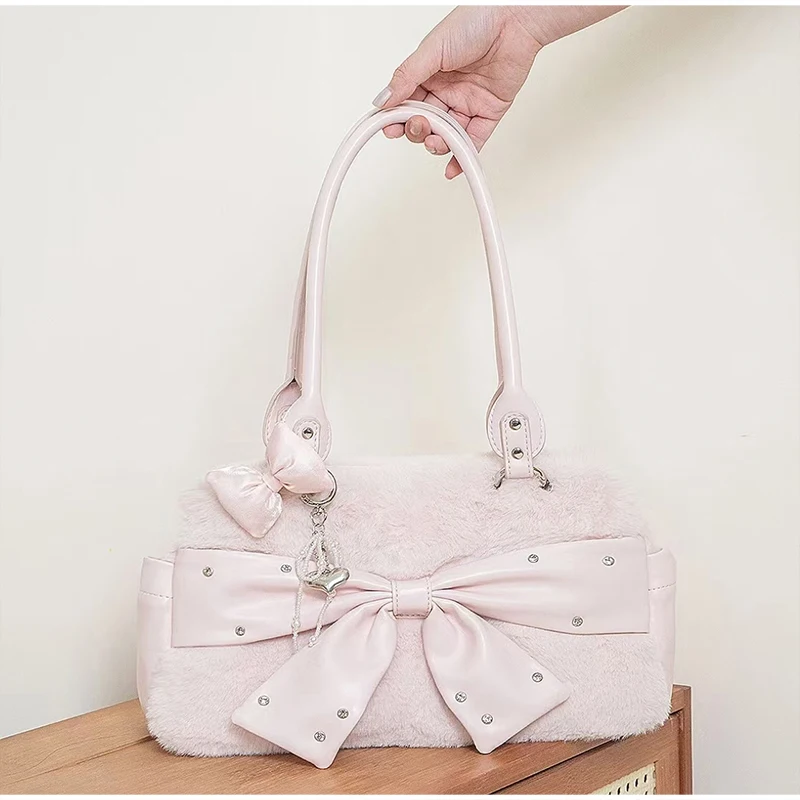 Vintage Polka Dot Bow Unterarm-Umhängetasche, japanische Retro-Damen-Einkaufstasche, Y2k-Lolita-Mädchen, leichte, mühelose, schicke Handtasche – Detail 15